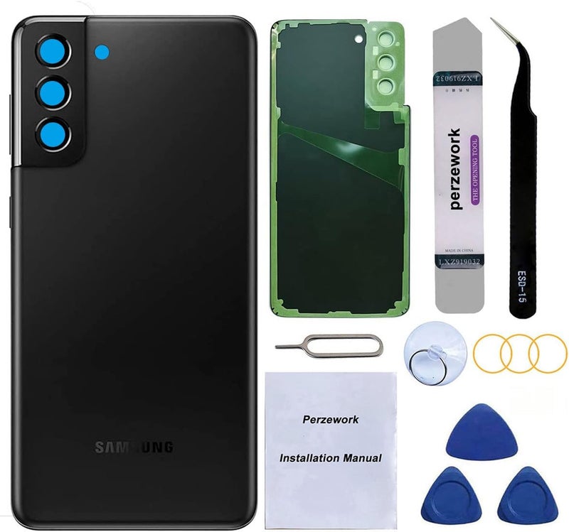 Perzework استبدال الزجاج الخلفي لجهاز سامسونج جالاكسي S21 بلس 6.7 بوصة مع مجموعة أدوات الإصلاح ومواد لاصقة مثبتة مسبقًا (أسود شبح) - Image 1