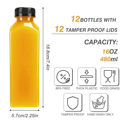 TOMNK 12pcs Juice Bottles 16oz Reusable Plastic Juice Bottles with Caps and Labels Funnel Brush Beverage Containers for Juicing Smoothies Tea Milk - Image 3