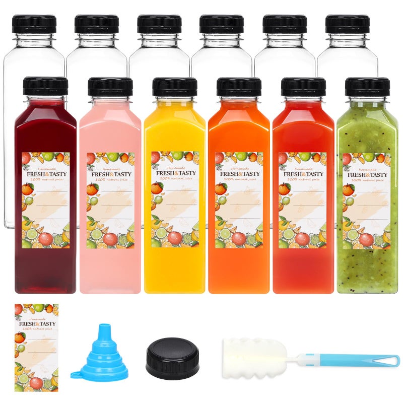 TOMNK 12pcs Juice Bottles 16oz Reusable Plastic Juice Bottles with Caps and Labels Funnel Brush Beverage Containers for Juicing Smoothies Tea Milk - Image 2