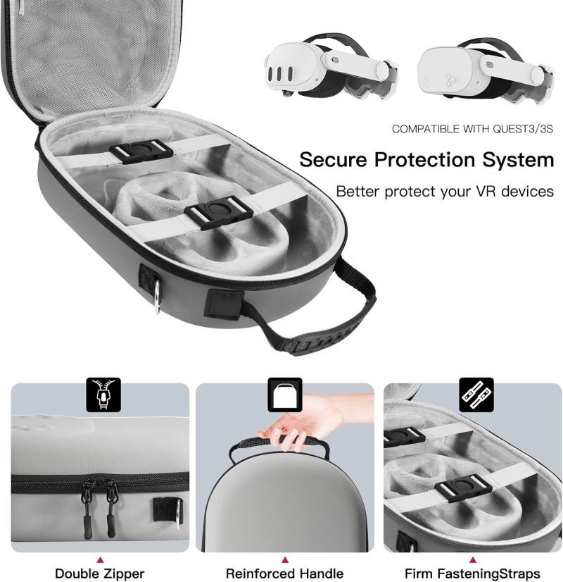 VR Headset Case Hard Shell With EVA Foam Padding for Meta Quest 3 - Custom-Cut Compartments for Controllers Elite Strap Travel Storage Bag for Active Users - Image 4