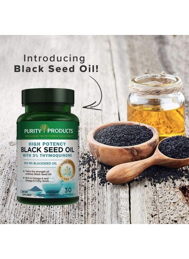 Purity Products - High Potency Black Seed Oil - Double Strength + Cold Pressed - 3% Thymoquinone - 500 mg Black Cumin Seed Oil - Omega 6 + 9 Essential Fatty Acids - Easy to Swallow - 30 Mini Softgels - Image 1