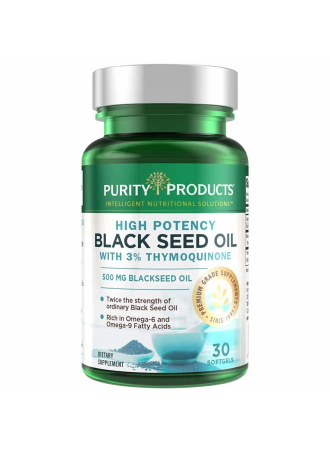 Purity Products - High Potency Black Seed Oil - Double Strength + Cold Pressed - 3% Thymoquinone - 500 mg Black Cumin Seed Oil - Omega 6 + 9 Essential Fatty Acids - Easy to Swallow - 30 Mini Softgels - Image 1
