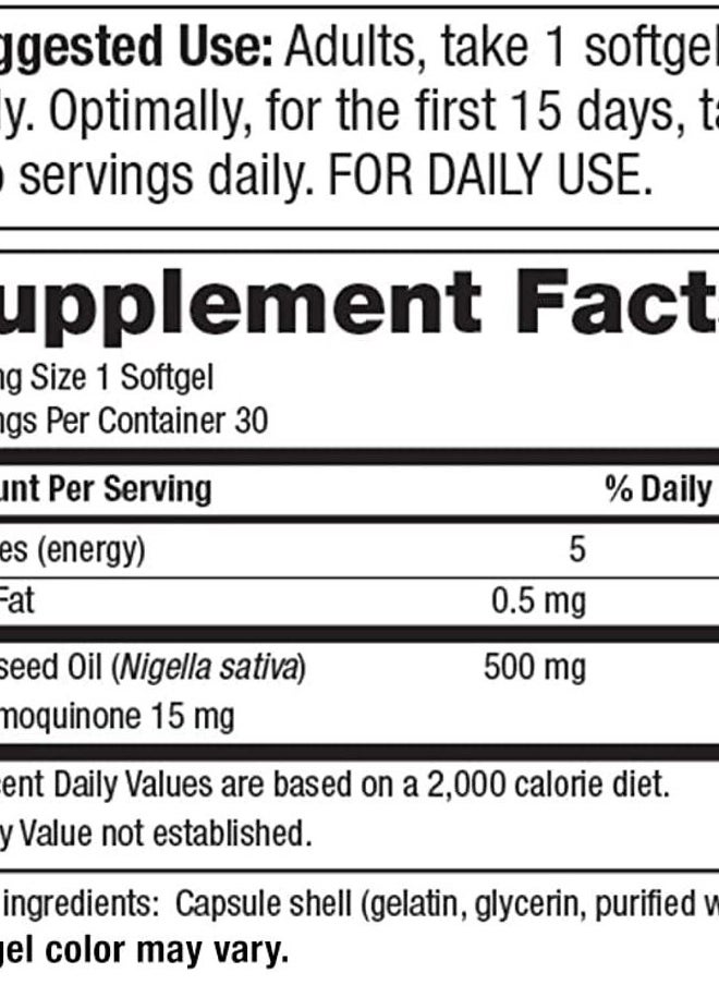 Purity Products - High Potency Black Seed Oil - Double Strength + Cold Pressed - 3% Thymoquinone - 500 mg Black Cumin Seed Oil - Omega 6 + 9 Essential Fatty Acids - Easy to Swallow - 30 Mini Softgels - Image 1