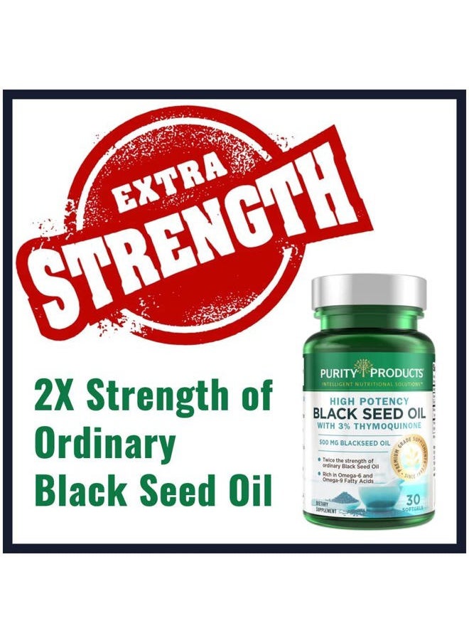 Purity Products - High Potency Black Seed Oil - Double Strength + Cold Pressed - 3% Thymoquinone - 500 mg Black Cumin Seed Oil - Omega 6 + 9 Essential Fatty Acids - Easy to Swallow - 30 Mini Softgels - Image 1