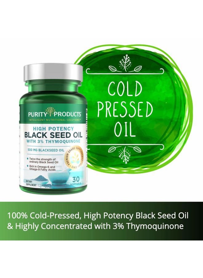Purity Products - High Potency Black Seed Oil - Double Strength + Cold Pressed - 3% Thymoquinone - 500 mg Black Cumin Seed Oil - Omega 6 + 9 Essential Fatty Acids - Easy to Swallow - 30 Mini Softgels - Image 1