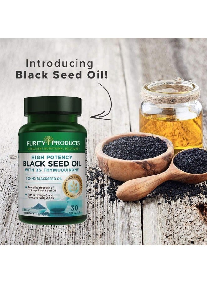 Purity Products High Potency Black Seed Oil - Double Strength + Cold Pressed - 3% Thymoquinone - 500 mg Black Cumin Seed Oil - Omega 6 + 9 Essential Fatty Acids - Easy to Swallow, Just One Per Day - 30 Mini Softgels - Image 4