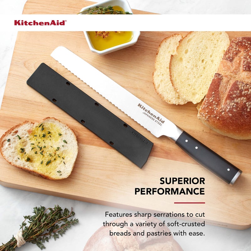 KitchenAid Gourmet Forged Triple Rivet Bread Knife with Custom-Fit Blade Cover, 5-inch, Sharp Kitchen Knife, High-Carbon Japanese Stainless Steel Blade, Black - Image 3