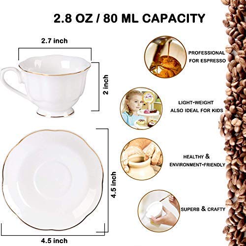 Guangyang 12 pieces Fine Porcelain 2.5oz Cups and Saucers set of 6 Turkish Coffee Cup set for Double Espresso White Color with Gold Trim - Image 2
