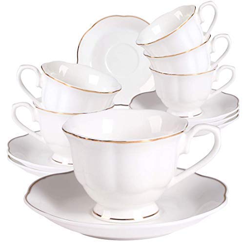 Guangyang 12 pieces Fine Porcelain 2.5oz Cups and Saucers set of 6 Turkish Coffee Cup set for Double Espresso White Color with Gold Trim - Image 1