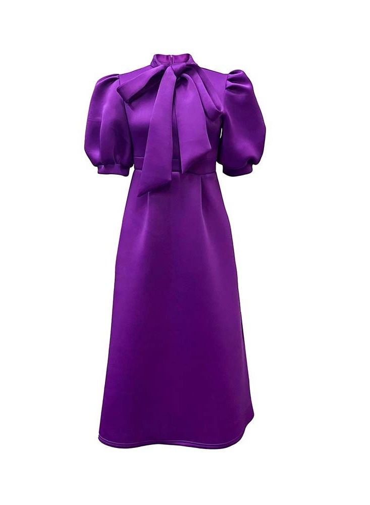 Loquat Women's Large Bow Solid Color Short Sleeve Dress Purple  - Image 1