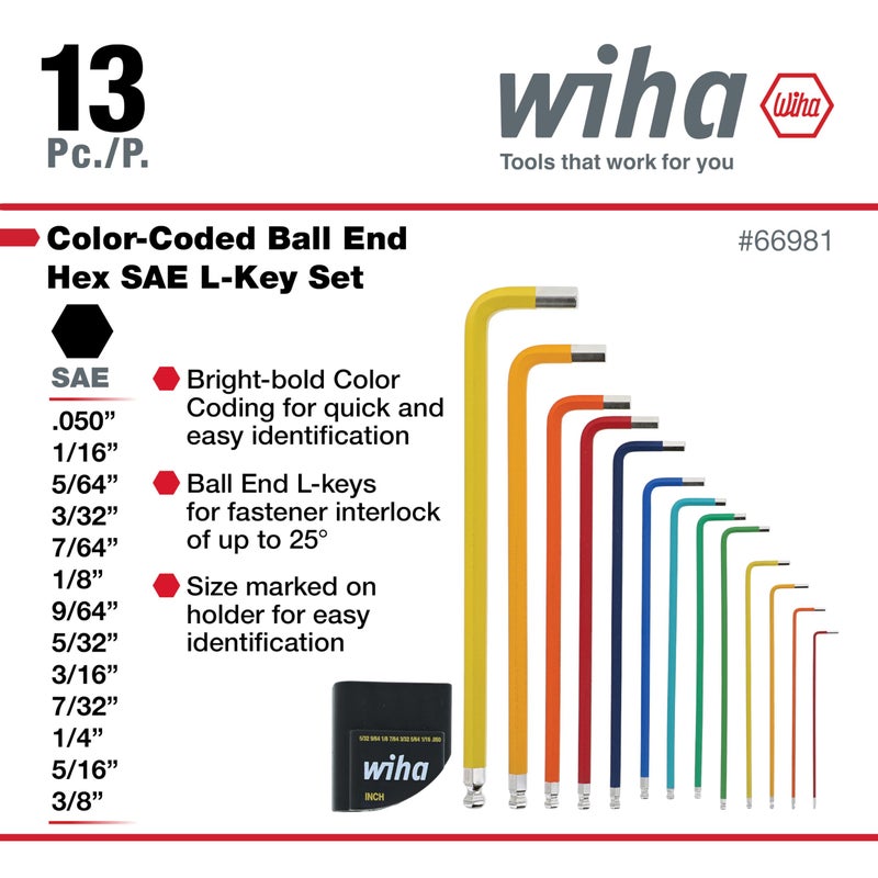 Wiha 66981 13-Piece Color Coded SAE Hex Key Allen Wrench Set, Ball End L-Key, .05"-3/8", Made in Germany - Image 2