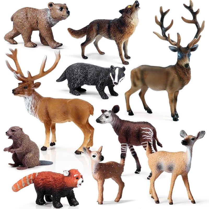 EOIVSH 10PCS Forest Animal Figures Realistic Woodland Figurines Plastic Jungle Toys Set With Deer Elk Wolf Bear Okapi Panda Beaver Badger - Image 3