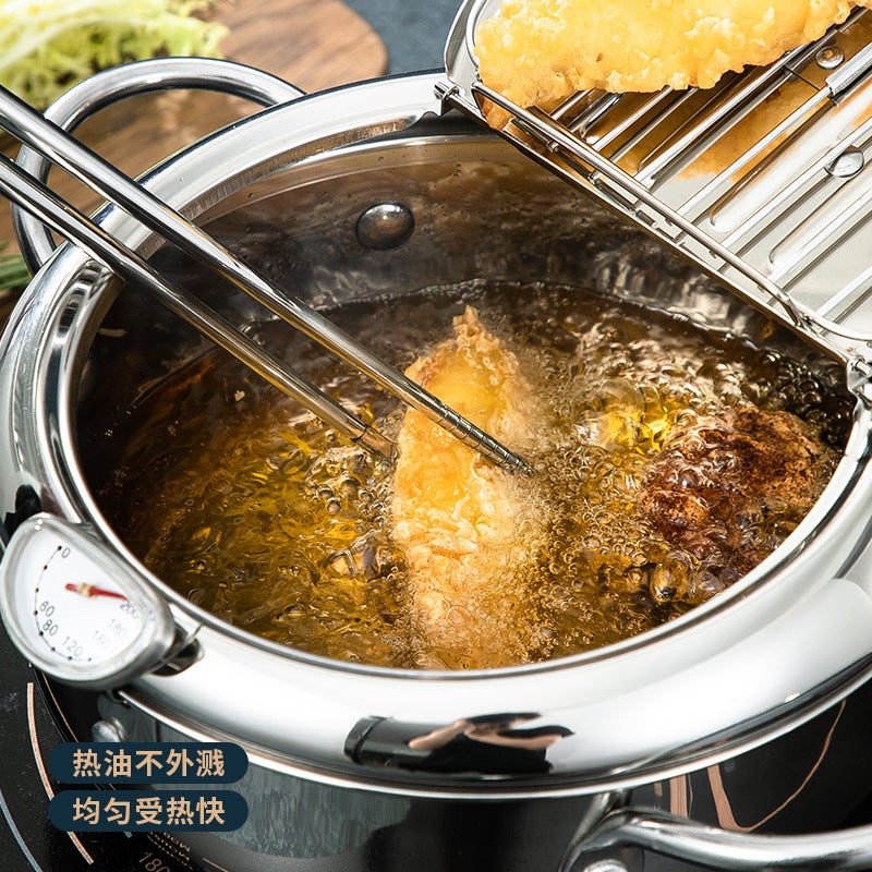 304 Stainless Steel Fryer with Thermometer Temperature Control Japanese Tempura Fryer Fuel Saving Pot Induction Cooker Gas Pot(Stainless steel natural color 20cm, 201 stainless steel) - Image 3