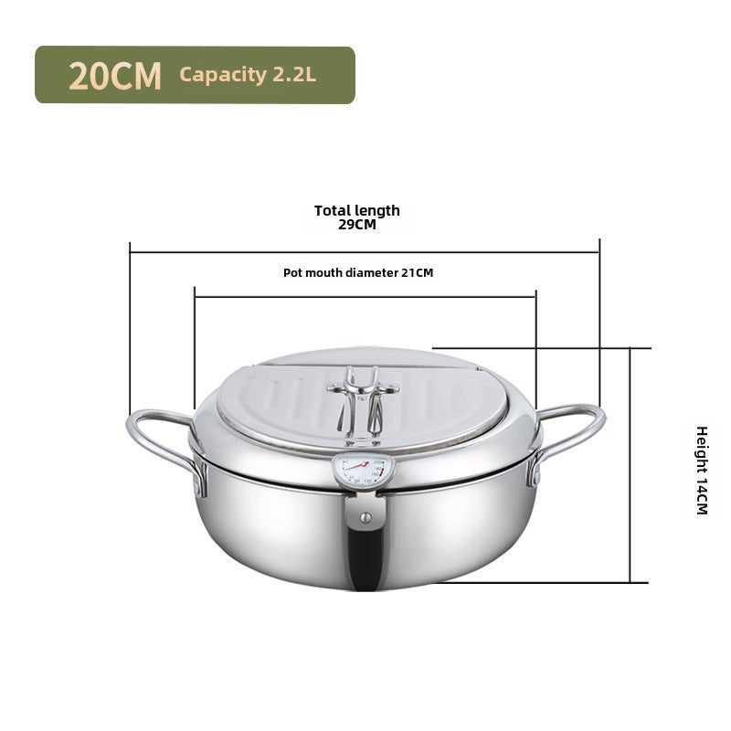 304 Stainless Steel Fryer with Thermometer Temperature Control Japanese Tempura Fryer Fuel Saving Pot Induction Cooker Gas Pot(Stainless steel natural color 20cm, 201 stainless steel) - Image 1