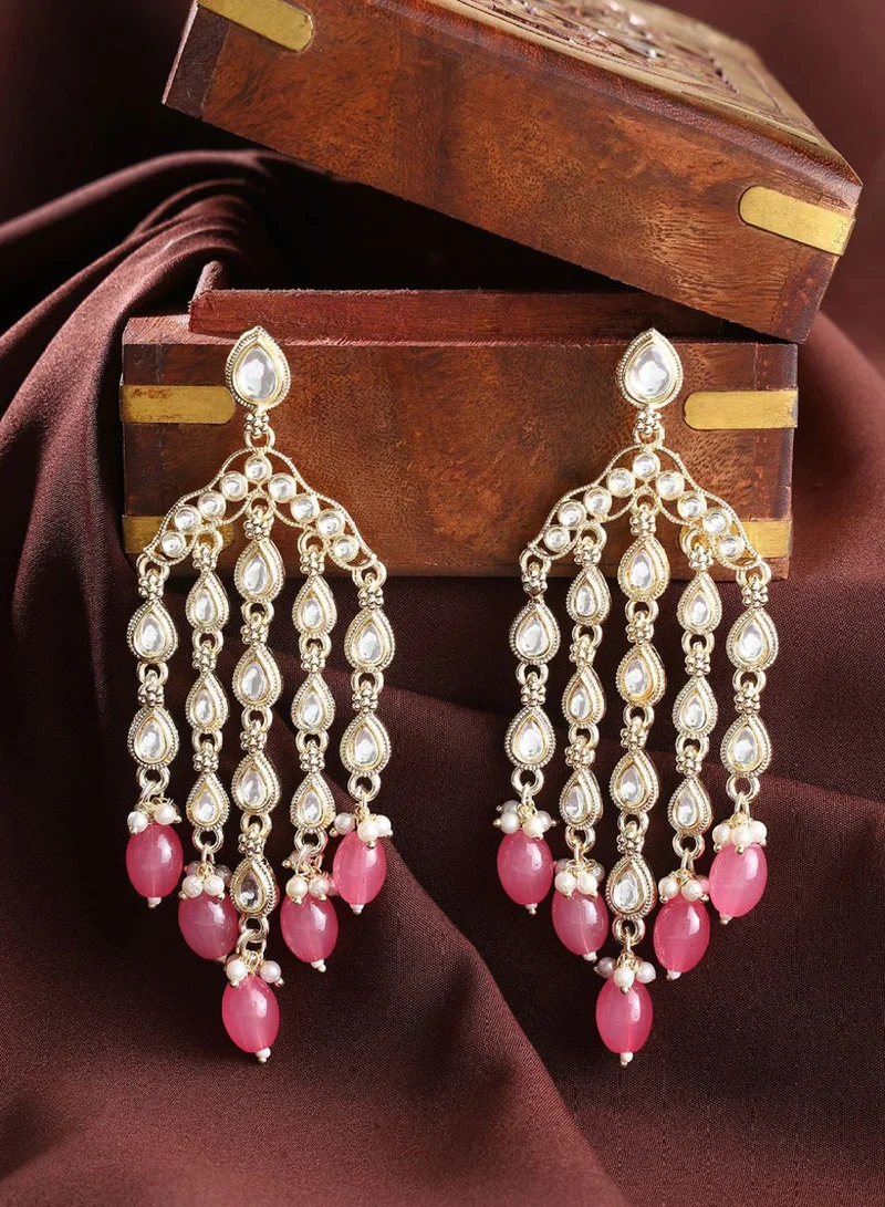 Priyaasi Kundan Stone Studded  Pearls Beaded Teardrop Shaped Drop Earrings