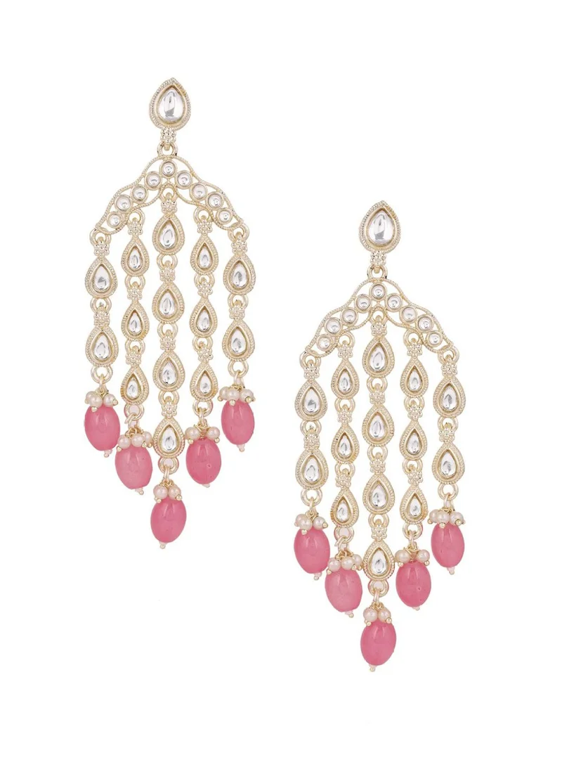 Priyaasi Kundan Stone Studded  Pearls Beaded Teardrop Shaped Drop Earrings