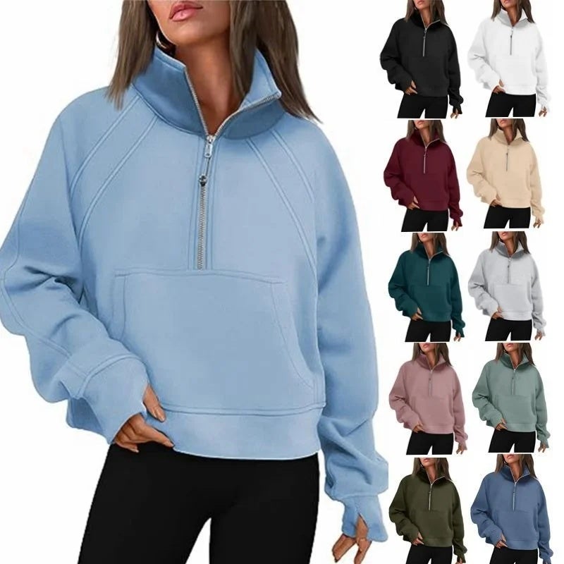 Women's Short Zip-Up Stand Collar Sweatshirt with Thumb Holes and Fleece Lining - Image 2