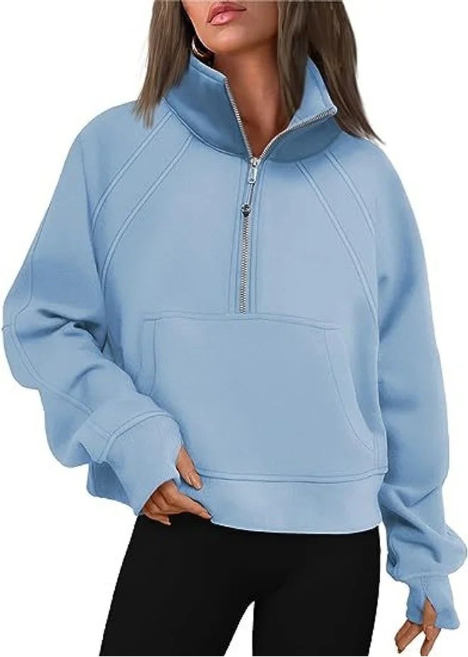 Women's Short Zip-Up Stand Collar Sweatshirt with Thumb Holes and Fleece Lining - Image 1