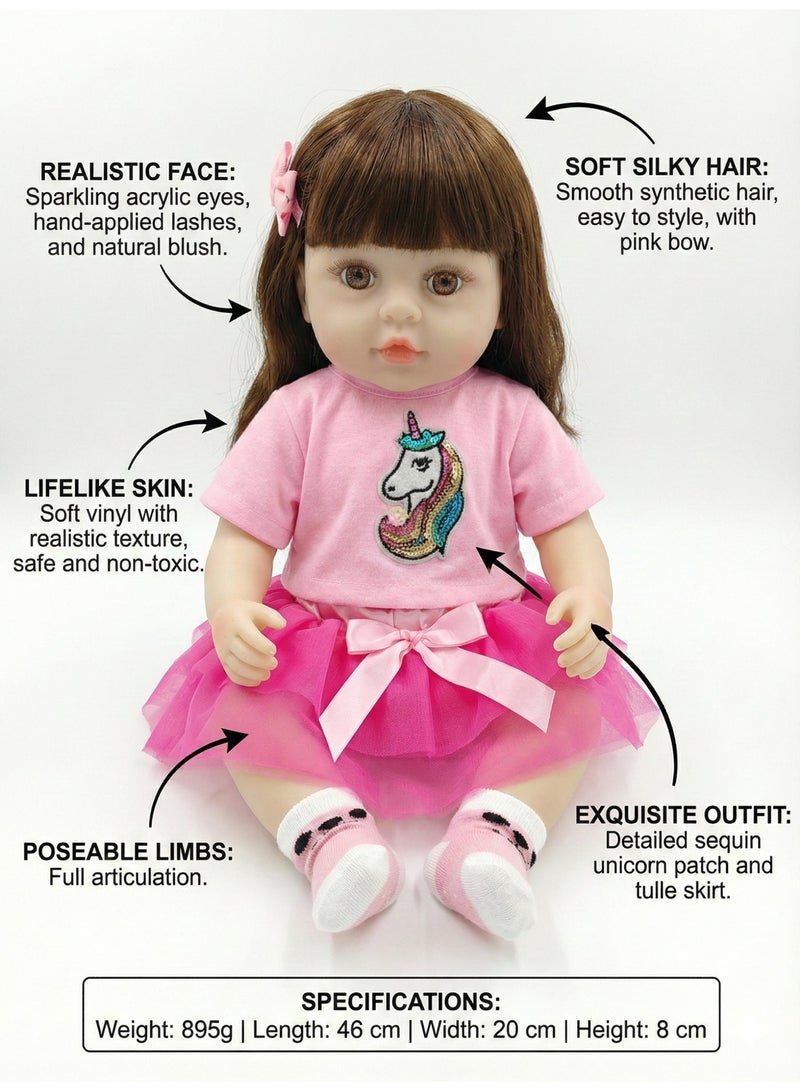 REZZOSS 46cm Realistic Reborn Baby Doll Soft Silicone Vinyl Toddler Girl Toy | Lifelike Newborn Doll with Silky Hair & Pink Unicorn Outfit | Poseable Moving Limbs Play Doll for Kids | Best Birthday Gift for Girls 3+ | Real Looking Weighted Doll - Image 3