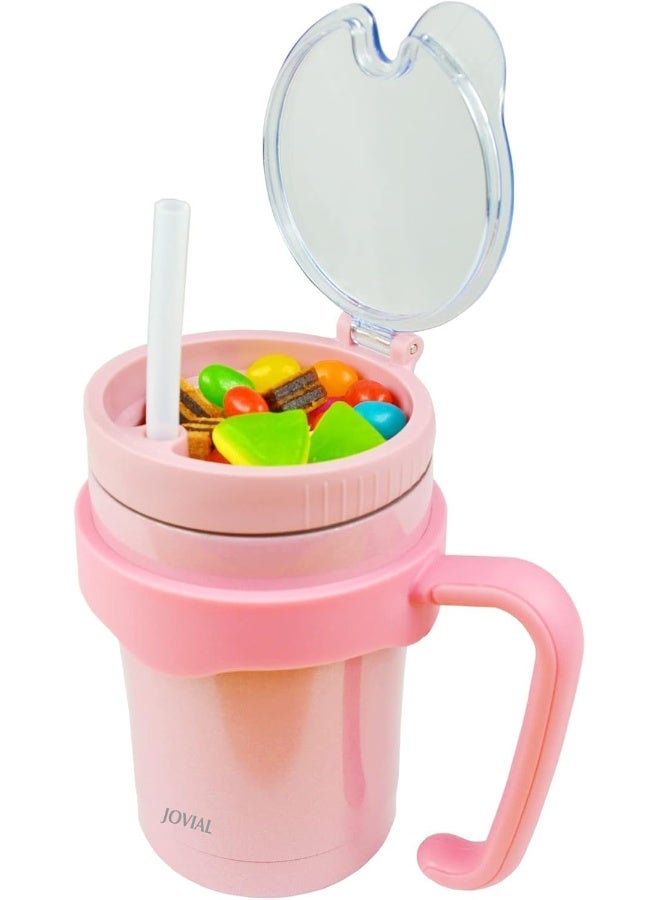 JOVIAL All In One Toddler Cup With Snack Container, Straw and Handle, Stainless Steel Insulated Kid Snack Cup With Straw, Work As a 12 Oz Coffee Mug/ Milk Cup to Keep Cold or Hot for Hours-Glitter Pink - Image 2