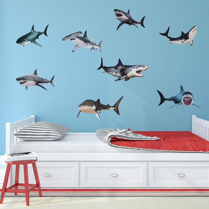 comfrt 8 Pieces of Sharks Stickers Shark Peel and Stick Wall Decals Sharks Removable Wall Stickers Shark Decorations Sea Creature Animal Decal Sticker for Boys Kids Party Room Nursery Home Decor - Image 2