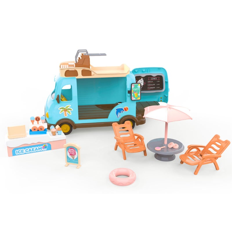 OLEOCA Family Ice Cream Truck Toy Dessert Food Truck Playset with Cash Register Chairs Umbrella Dollhouse Pretend Play Vehicle Gift for Kids Ages 3 - Image 3