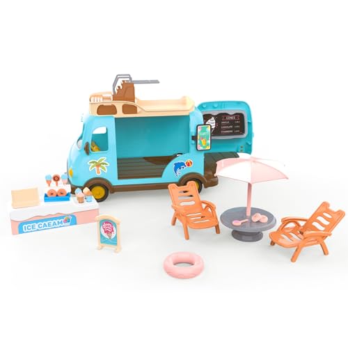 OLEOCA Family Ice Cream Truck Toy Dessert Food Truck Playset with Cash Register Chairs Umbrella Dollhouse Pretend Play Vehicle Gift for Kids Ages 3 - Image 1