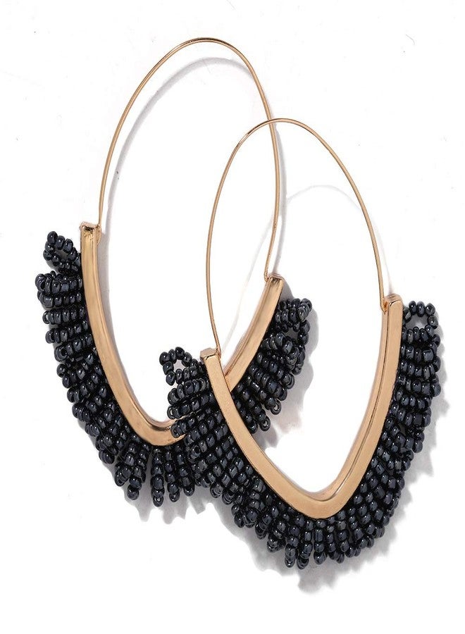 أقراط متدلية مزينة بالخرز - أقراط مزينة بالخرز على شكل حرف V، أقراط متدلية مزينة بشراشيب، أقراط بوهيمية مصنوعة يدويًا بشراشيب، هدية مجوهرات للنساء (أسود) - Image 1