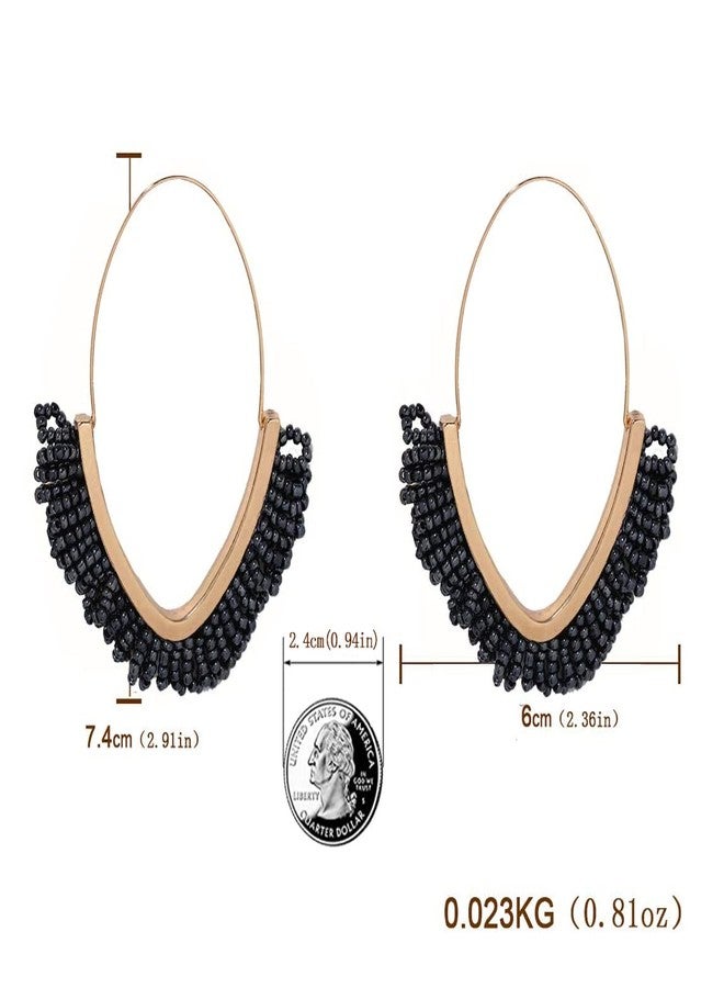 أقراط متدلية مزينة بالخرز - أقراط مزينة بالخرز على شكل حرف V، أقراط متدلية مزينة بشراشيب، أقراط بوهيمية مصنوعة يدويًا بشراشيب، هدية مجوهرات للنساء (أسود) - Image 2