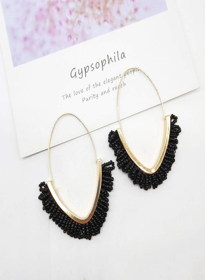 أقراط متدلية مزينة بالخرز - أقراط مزينة بالخرز على شكل حرف V، أقراط متدلية مزينة بشراشيب، أقراط بوهيمية مصنوعة يدويًا بشراشيب، هدية مجوهرات للنساء (أسود) - Image 5