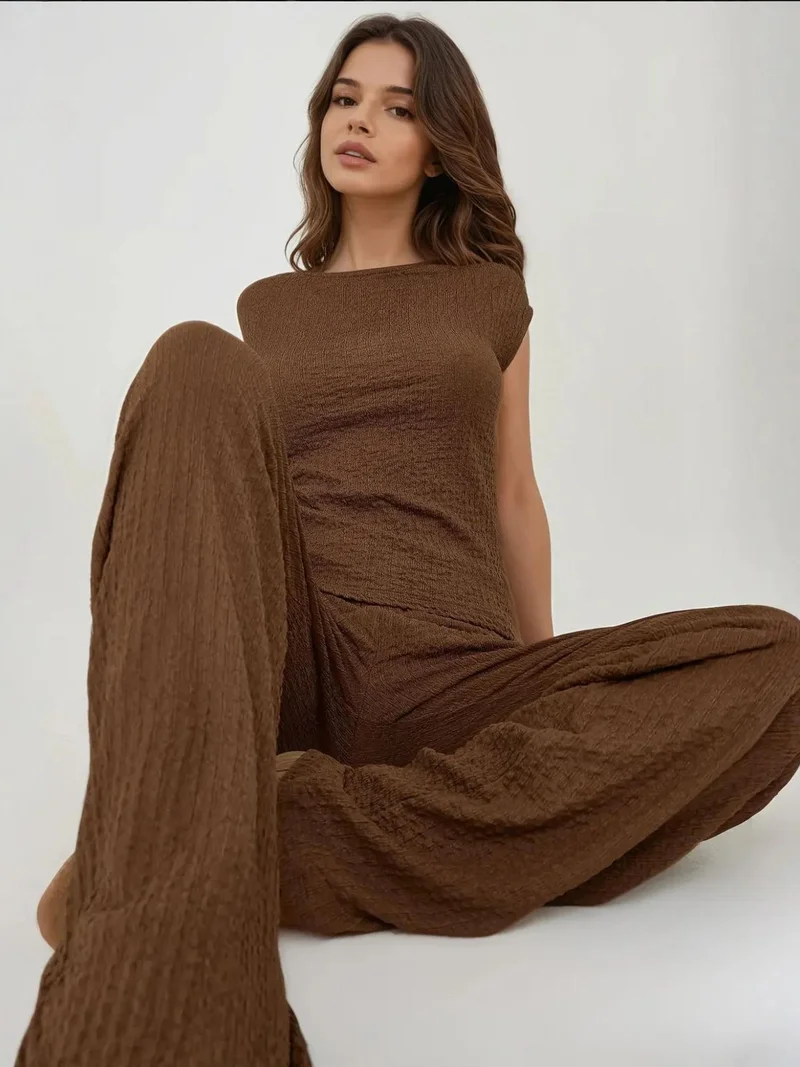 HICCUP Relaxed Fit Wide Leg Textured Knit Pants