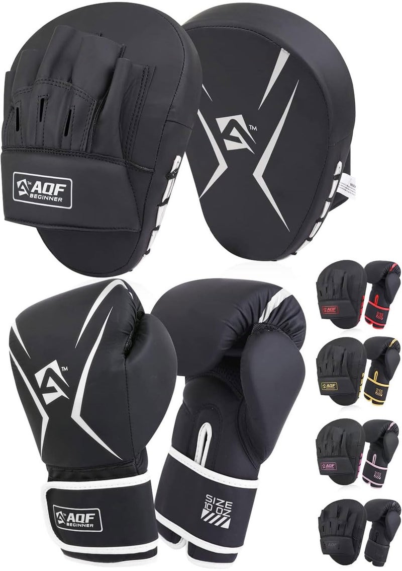 AQF Boxing Gloves and Pads - Adults & Kids Boxing Set for Kickboxing & MMA Muay Thai Punching Glove with Curved Boxing Pads for Martial Arts Training (Silver, 8oz) - Image 1
