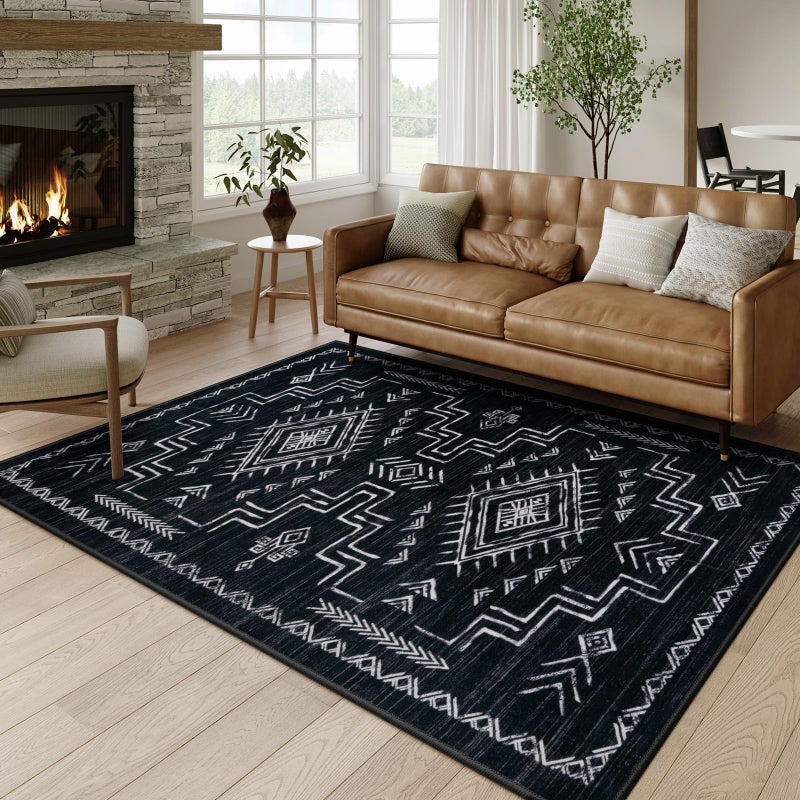STARUIA Moroccan Washable 5x7 Area Rugs, Black Western and Aztec Tribal Boys Neutral Rug for Living Room, Soft Non-Slip Stain Resistant Large Carpet for Bedroom Dining Table Office - Image 1