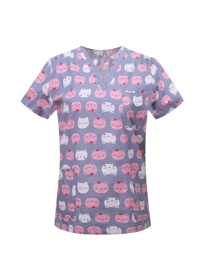 Loquat Womens Medical Scrubs Single Top Medical Uniform Single Printed Top Meow Print on Light Blue Background - Image 1