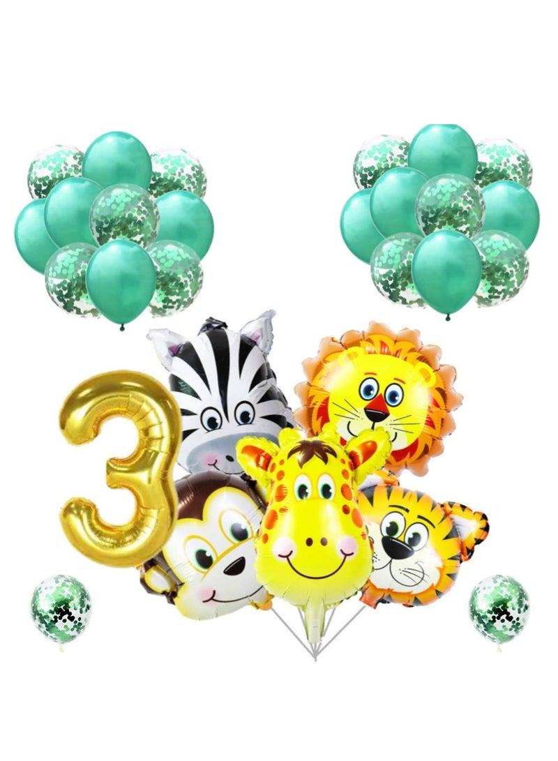 Animals Cartoon Foil Balloons Set Tiger Lion Zebra Giraffe Monkey For Kids Birthday Decoration 32inch Number 3 Gold Foil Balloon - Image 1