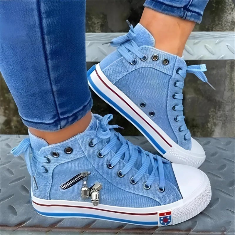 Denim Zipper High Top Canvas Shoes - Image 4