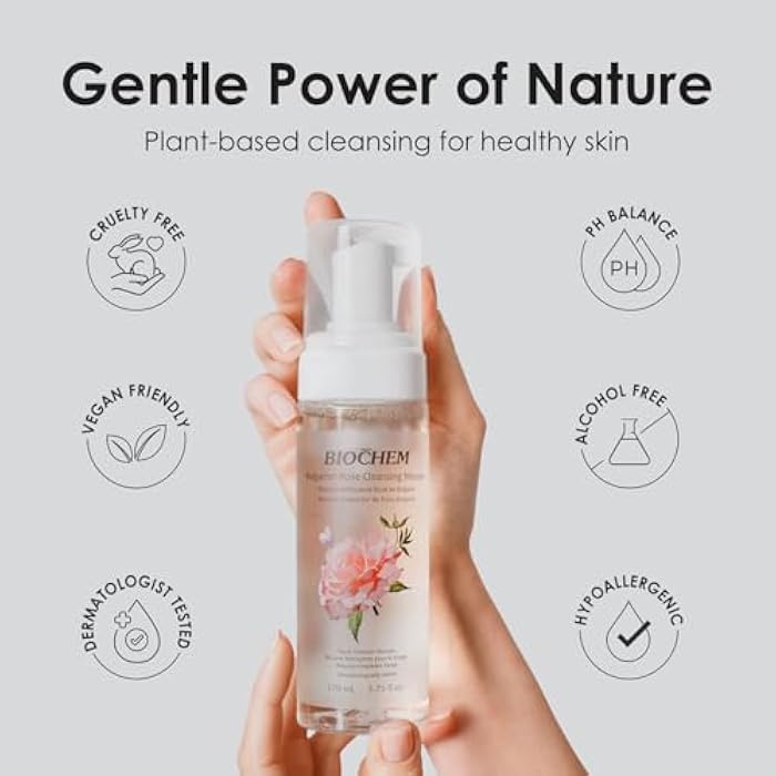 BIOCHEM Bulgarian Rose Foaming Face Wash, 3-in-1 Cleanser Mousse with Rose Oil, Vitamin C & Hyaluronic Acid, Hydrating Gentle Daily Cleanser for All Skin Types, Cruelty-Free (5.75 fl oz / 170 mL) - Image 2