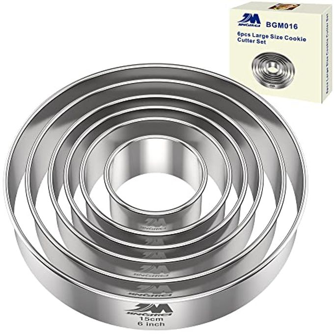 M JNGMEI 6 PIECES STAINLESS STEEL COOKIE CUTTER SET 2 335 45AND6 BISCUIT PLAIN EDGE ROUND CUTTERS LARGE SIZES SHAPE MOLDS RANGING FROM 26 INCHES GIFT PACKAGE