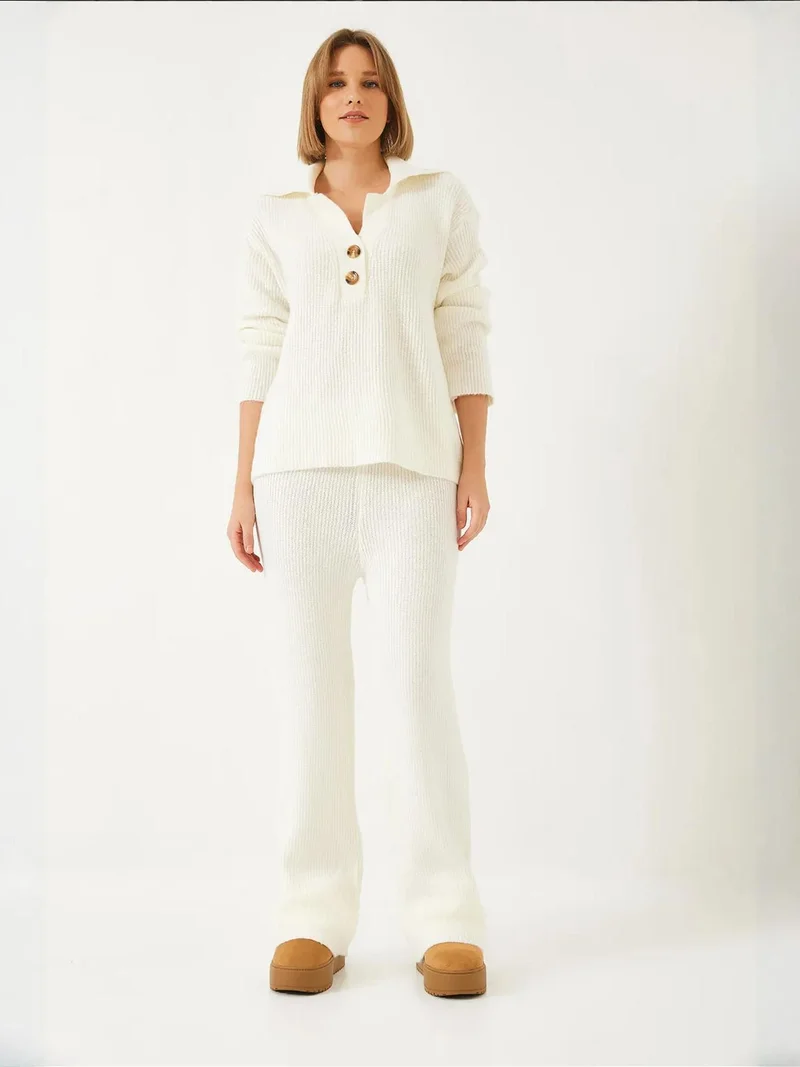 Bianco Lucci LUCCI High Waist Wide Leg Two-Piece Coord Set with Shirt Collar