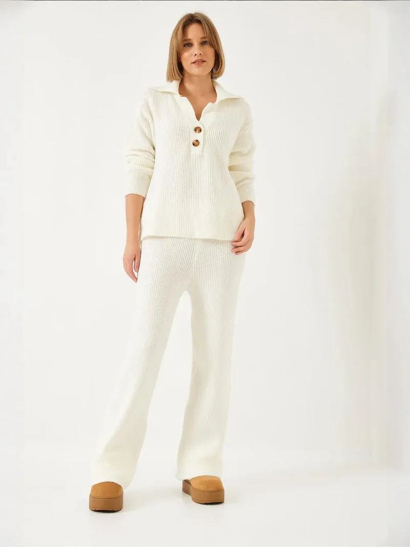 Bianco Lucci LUCCI High Waist Wide Leg Two-Piece Coord Set with Shirt Collar