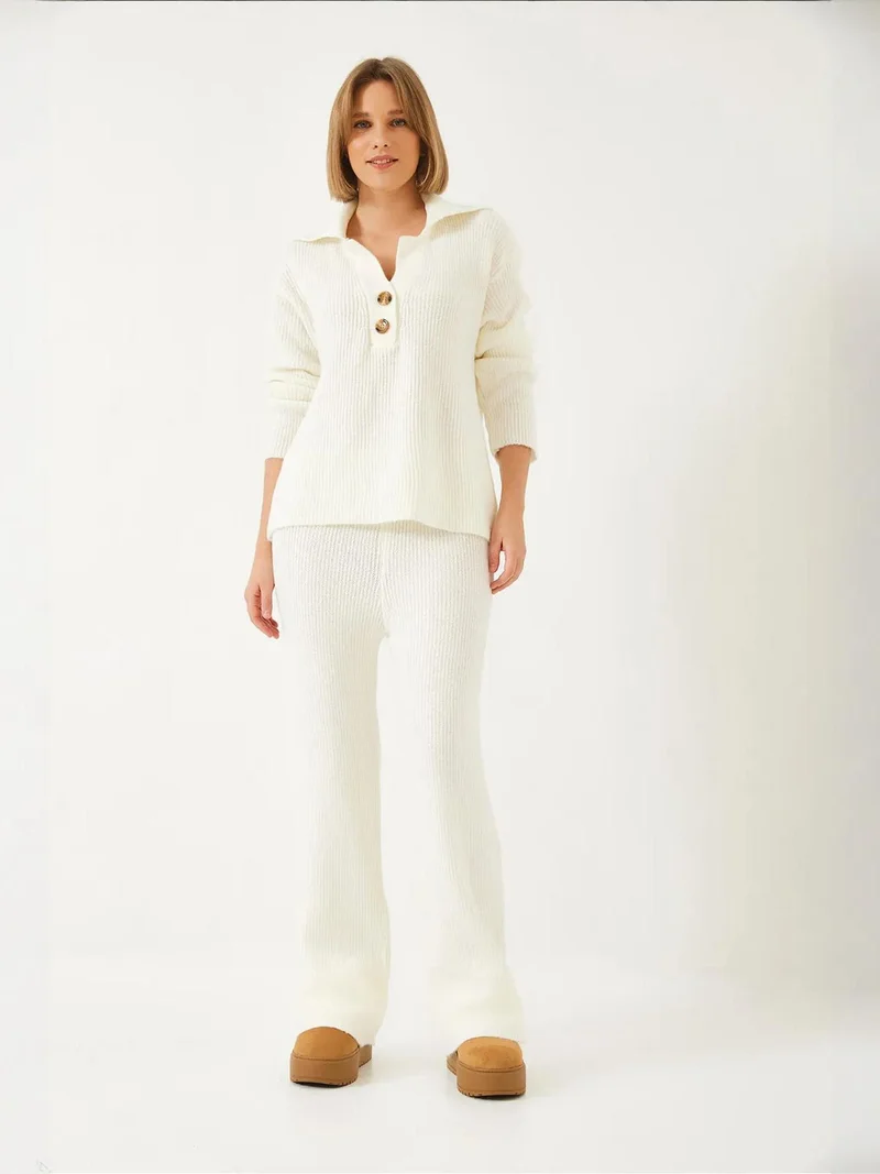 Bianco Lucci LUCCI High Waist Wide Leg Two-Piece Coord Set with Shirt Collar