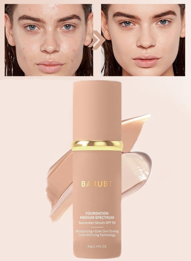 BARUBT Foundation Medium Spectrum 4 in 1 Anti Aging Concealer Sun Protection Moisturizing Foundation Liquid with SPF 50+ Hydrating Color Changing Cream Sweatproof Waterproof Makeup Sunscreen Serum Foundation 40g - Image 1