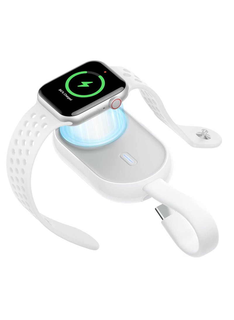 Excefore Portable Charger Compatible with Apple Watch Series 9/8/SE/UItra/7/6/5/4/3/2/1, 1200mAh Wireless iWatch Charger Power Bank Built in input Cable Keychain Travel Accessories (White)  - Image 1