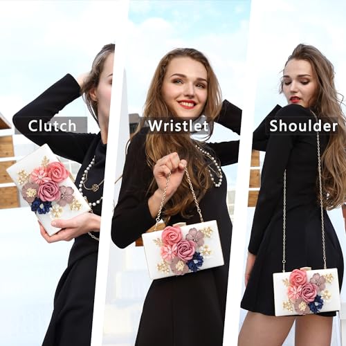 Milisente Evening Bag for Women, Flower Wedding Evening Clutch Purse Bride Floral Clutch Bag(White) - Image 2