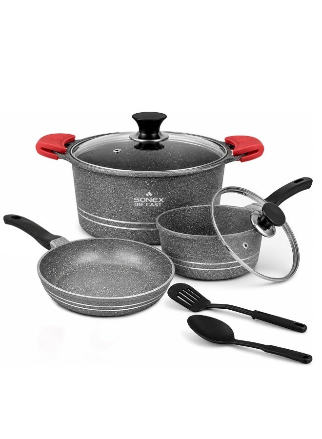 SONEX Essential Die-Cast Granite Cookware Set, 9-Piece Non-Stick Pots & Pans Set with Glass Lid, Grey Marble Finish, Durable Diecast Aluminium, Healthy Low-Oil Cooking, Easy Clean - Image 1