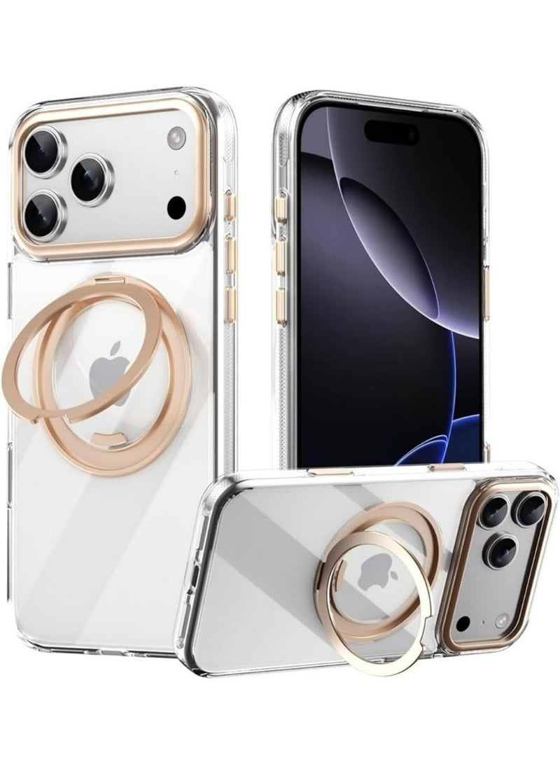 Compatible with iPhone 17 Pro Case: 360° Rotating Magnetic Ring Stand, Shockproof & Drop Protection, Slim & Anti-Slip Fingerprint-Resistant, Transparent Back, Compatible with MagSafe, Pink Gold Stand - Image 1