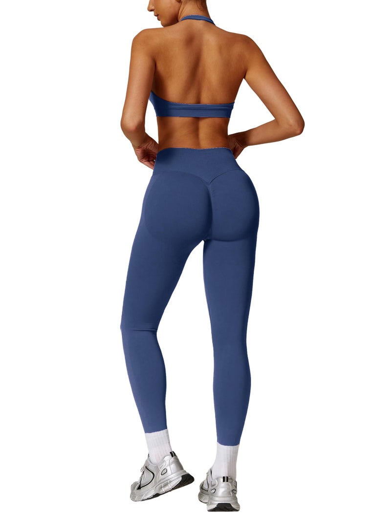 ABOCIW Workout Sets for Women Seamless High Waist Scrunch Butt Lifting Gym Leggings Yoga Pants Halter Sports Bra Yoga Exercise 2 Piece Outfits Dark Sapphire Blue Medium