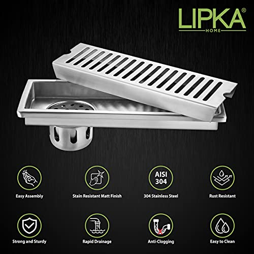 LIPKA Vertical Shower Drain Channel| 12 x 5 Inches |304 Grade Stainless Steel Shower Drain Channel for Bathrooms | Waste Water Floor Drainer with Anti-Foul Cockroach Trap Side Hole with Collar - Image 3