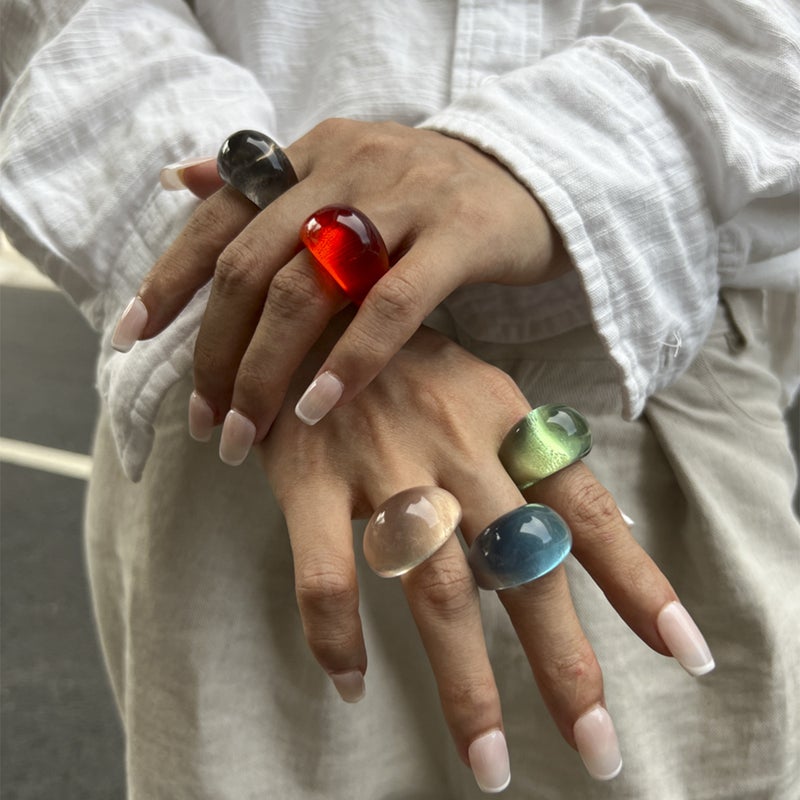 SHIXIN European and American Cross-Border Accessories: Ins Transparent Colored Resin Rings - Niche Retro Stacked Arc-Shaped Wide Band Rings - Image 2