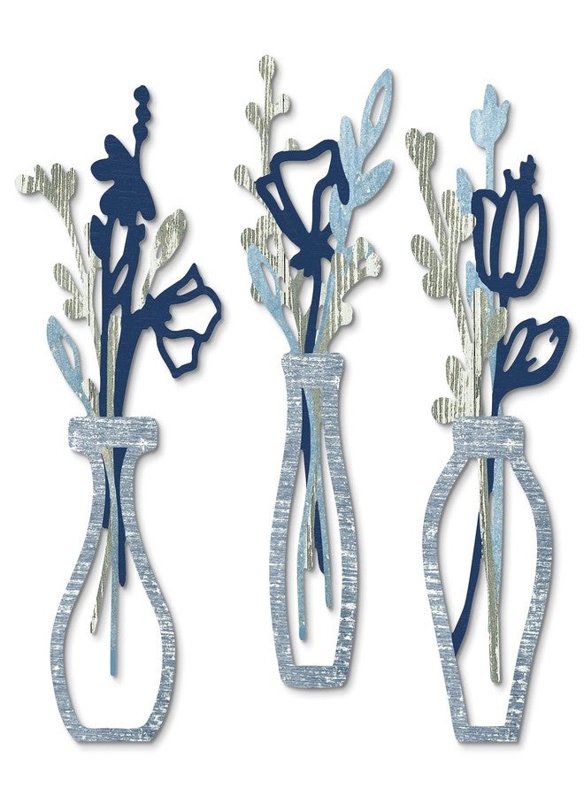 Putuo Decor 3 Pieces Wood Flowers Wall Decor Rustic Farmhouse Decor Blue Minimalist Flower Wall Art Modern Floral Vase for Living Room Bathroom Bedroom Dining Room - Image 1